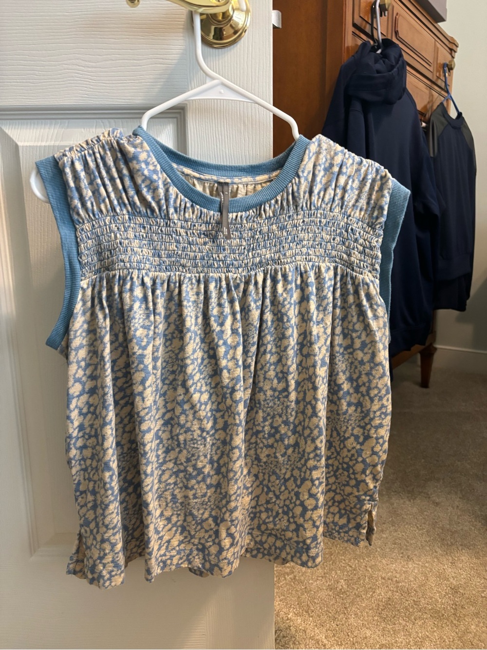 Blue and Cream Floral Smocked Sleeveless Top Anthropologie